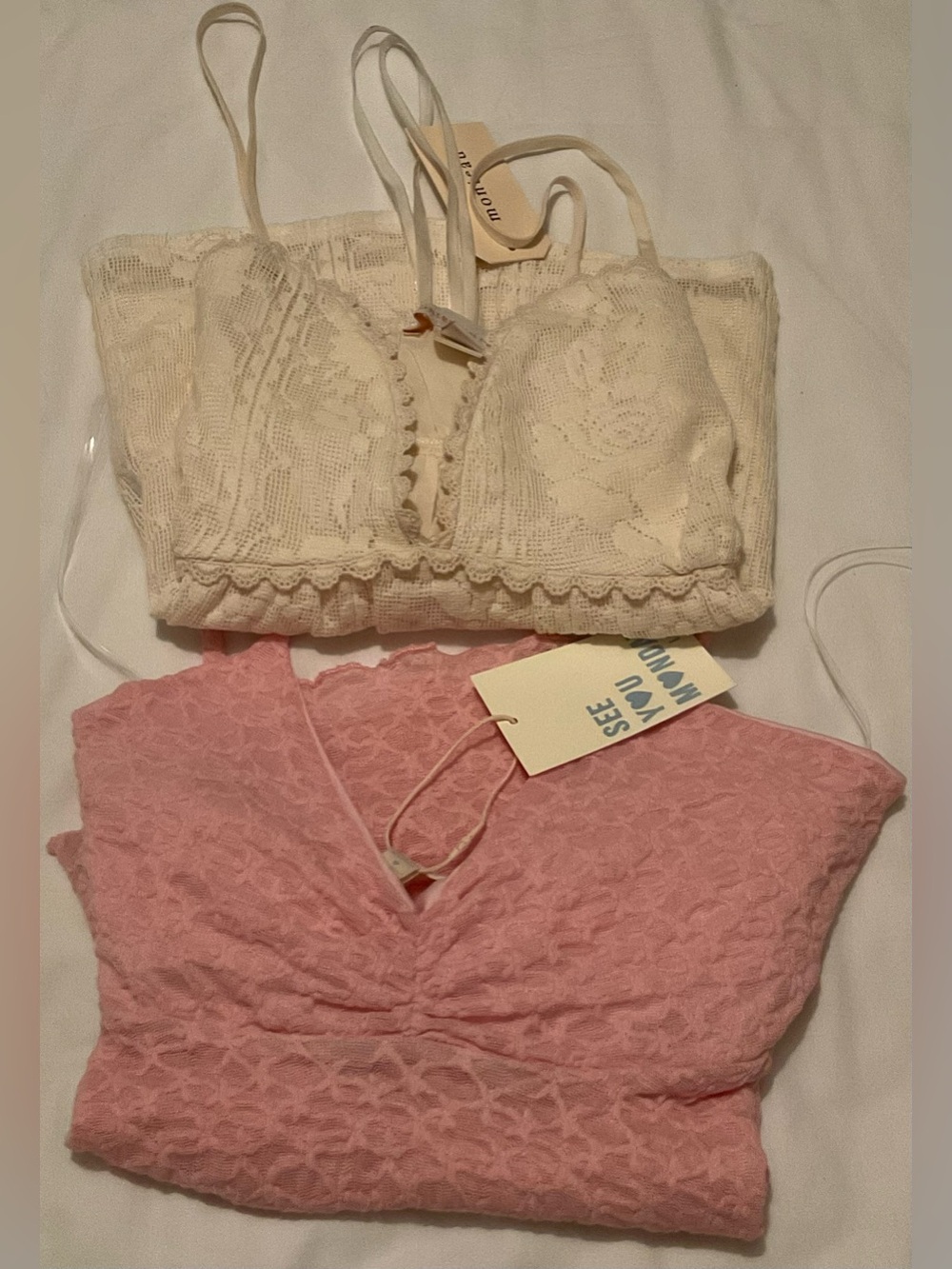 See you M💚nday and monteau Lace Bralette & Crop Top Set - Cream & Pink  sz XL